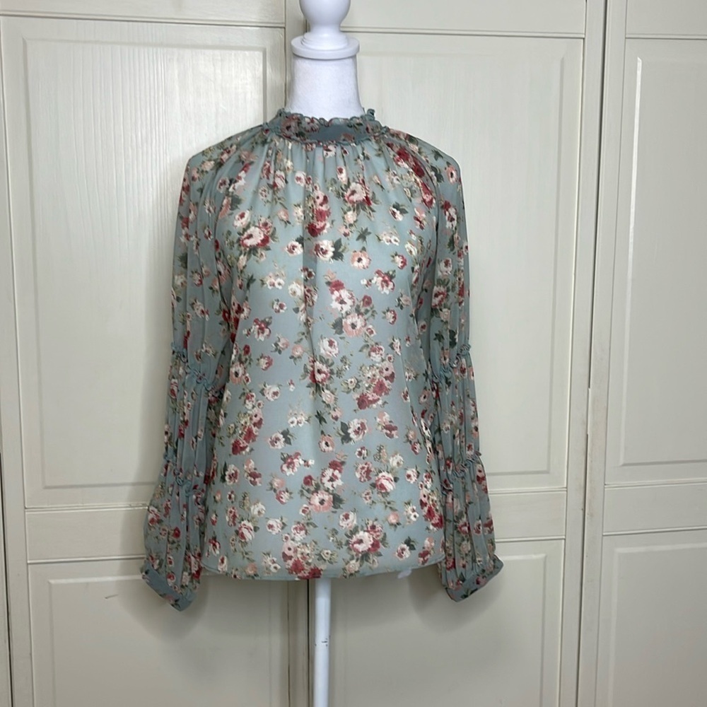 ZARA Women's Floral Long Sleeve Ruffle Neck Blouse Size M